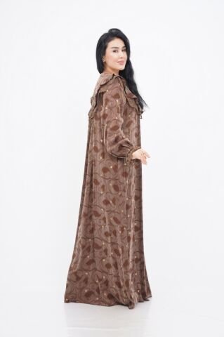 Dantel Fırfır Detaylı Varaklı Tensel Elbise Kahve - 40-48