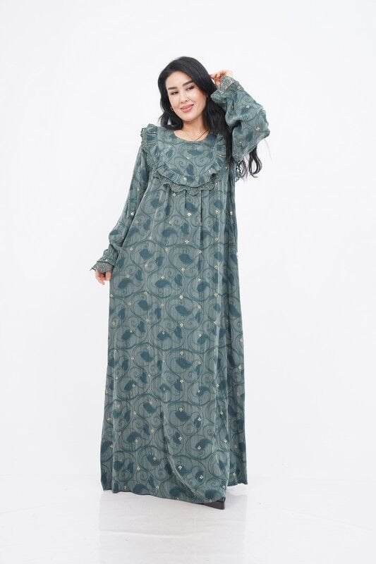 Dantel Fırfır Detaylı Varaklı Tensel Elbise Haki - 40-48