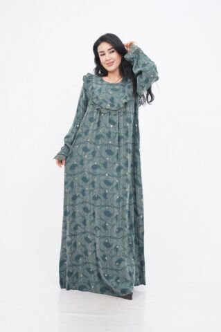 Dantel Fırfır Detaylı Varaklı Tensel Elbise Haki - 40-48