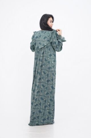 Dantel Fırfır Detaylı Varaklı Tensel Elbise Haki - 40-48