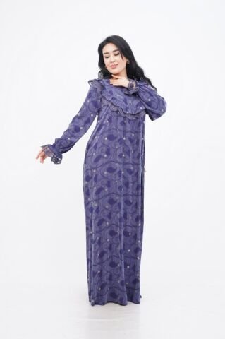 Dantel Fırfır Detaylı Varaklı Tensel Elbise Lacivert - 40-48