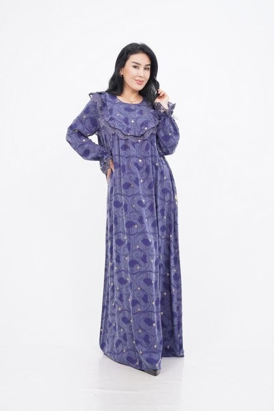 Dantel Fırfır Detaylı Varaklı Tensel Elbise Lacivert - 40-48