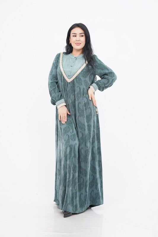 Boncuk Düğme Detaylı Kadın Elbise Yeşil - 40-48