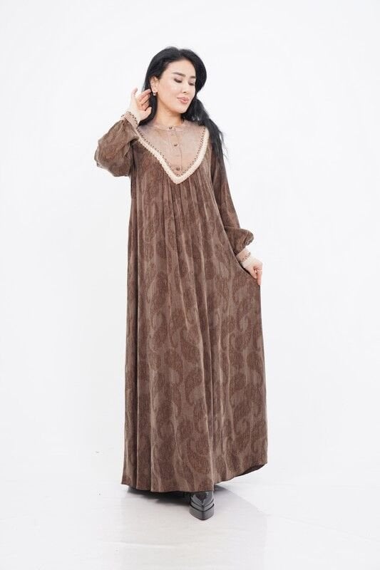 Boncuk Düğme Detaylı Kadın Elbise Kahve - 40-48