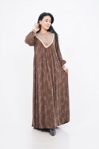 Boncuk Düğme Detaylı Kadın Elbise Kahve - 40-48