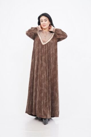 Boncuk Düğme Detaylı Kadın Elbise Kahve - 40-48