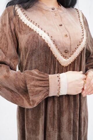 Boncuk Düğme Detaylı Kadın Elbise Kahve - 40-48