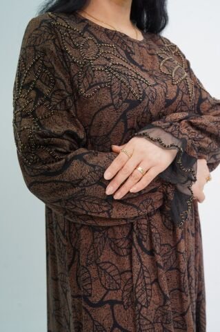 Nakış Boncuk Detay Elbise Siyah Kahve - 40-48