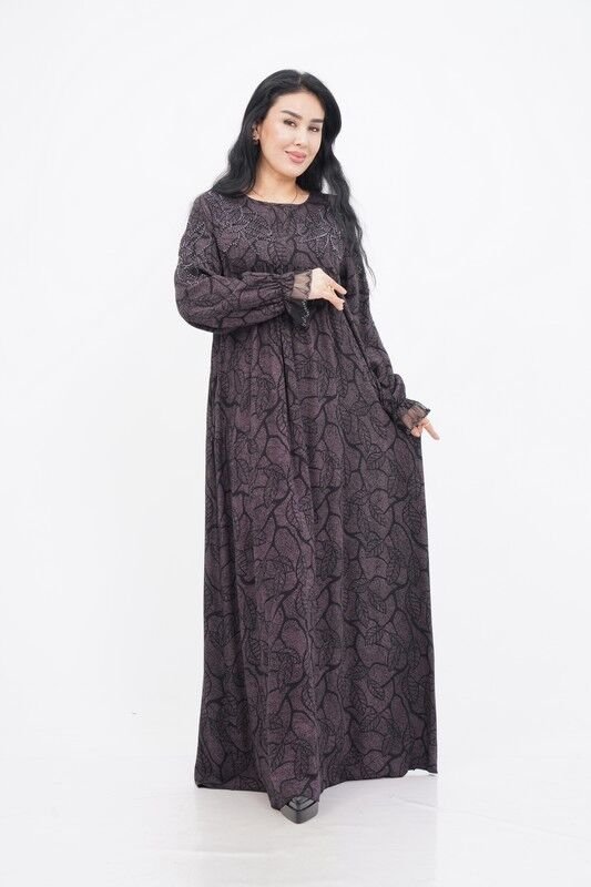 Nakış Boncuk Detay Elbise Siyah Mor - 40-48