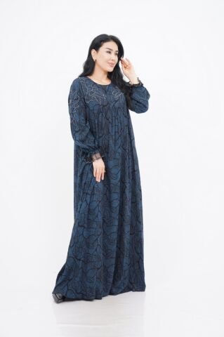 Nakış Boncuk Detay Elbise Siyah Mavi - 40-48