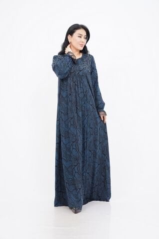 Nakış Boncuk Detay Elbise Siyah Mavi - 40-48