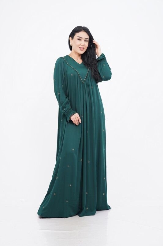 V Kuplu Taş Detay Elbise Zümrüt - 40-48
