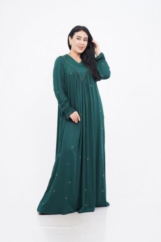 V Kuplu Taş Detay Elbise Zümrüt - 40-48