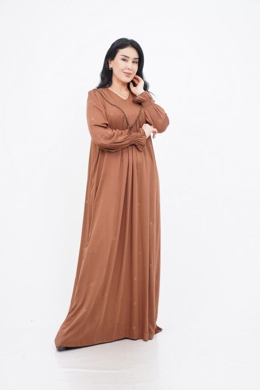 V Kuplu Taş Detay Elbise Camel - 40-48
