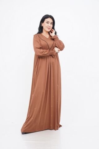 V Kuplu Taş Detay Elbise Camel - 40-48