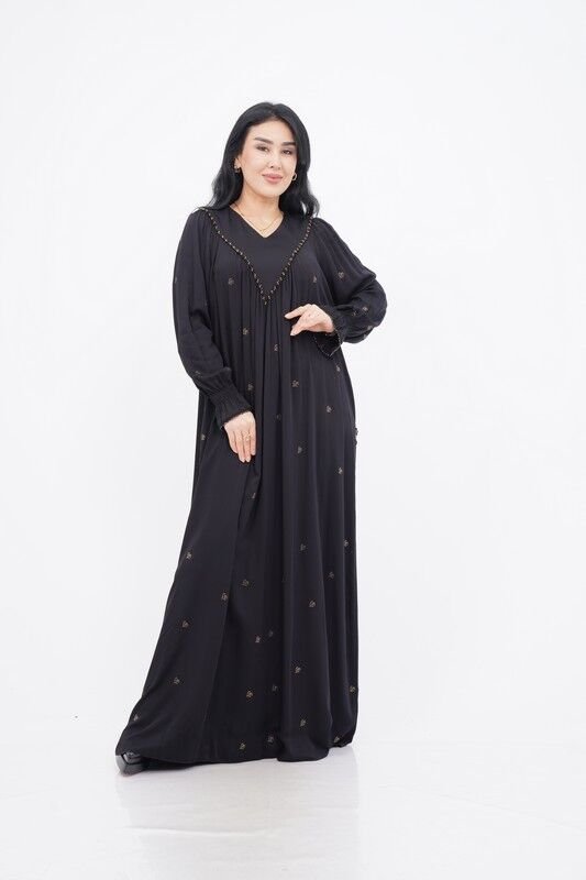 V Kuplu Taş Detay Elbise Siyah - 40-48