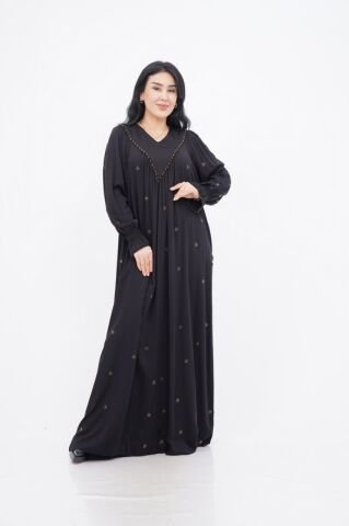 V Kuplu Taş Detay Elbise Siyah - 40-48