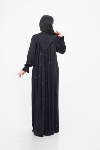 V Kuplu Taş Detay Elbise Siyah - 40-48