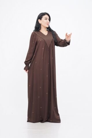 V Kuplu Taş Detay Elbise Kahve - 40-48