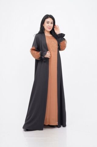 Organze Aplikeli Tensel Abaya Takım Siyah Camel - 40-48