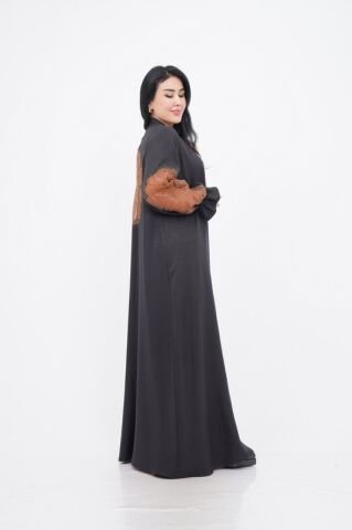 Organze Aplikeli Tensel Abaya Takım Siyah Camel - 40-48