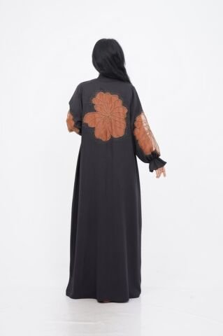 Organze Aplikeli Tensel Abaya Takım Siyah Camel - 40-48