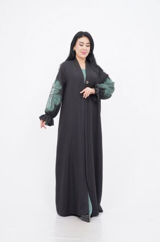 Organze Aplikeli Tensel Abaya Takım Siyah Yeşil - 40-48
