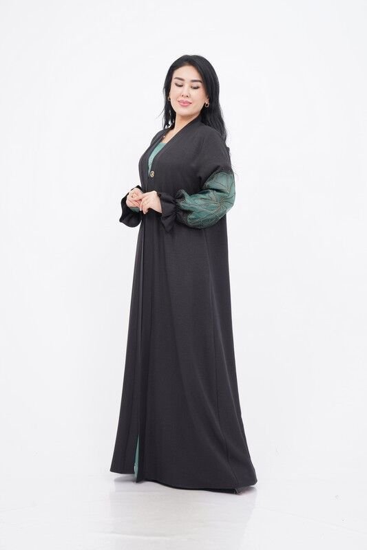 Organze Aplikeli Tensel Abaya Takım Siyah Yeşil - 40-48