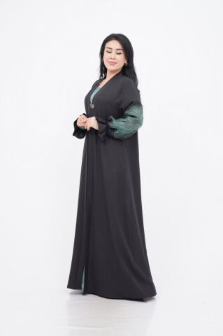Organze Aplikeli Tensel Abaya Takım Siyah Yeşil - 40-48