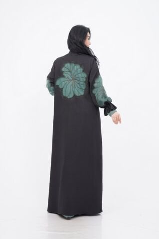 Organze Aplikeli Tensel Abaya Takım Siyah Yeşil - 40-48