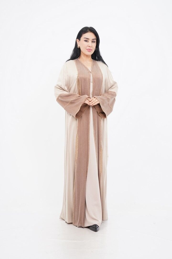 Renk Bloklu Şerit Taş Detaylı Abaya Bej - 40-48
