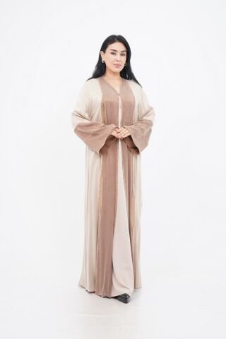 Renk Bloklu Şerit Taş Detaylı Abaya Bej - 40-48