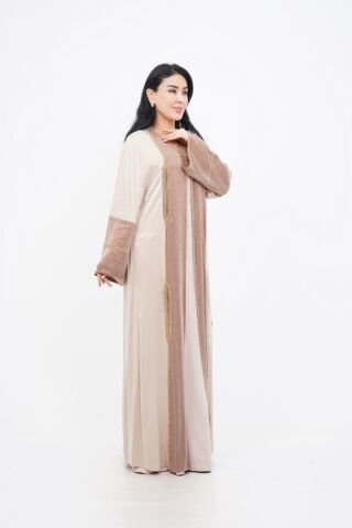 Renk Bloklu Şerit Taş Detaylı Abaya Bej - 40-48