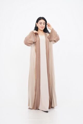 Renk Bloklu Şerit Taş Detaylı Abaya Bej - 40-48
