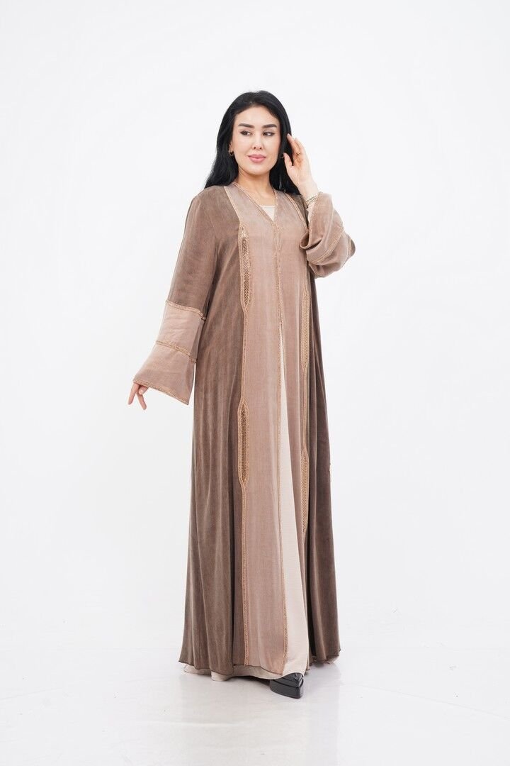 Renk Bloklu Şerit Taş Detaylı Abaya Camel - 40-48