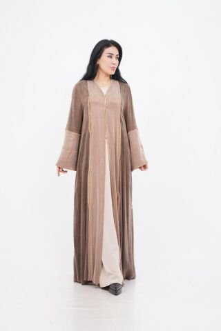 Renk Bloklu Şerit Taş Detaylı Abaya Camel - 40-48