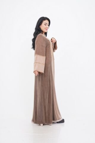 Renk Bloklu Şerit Taş Detaylı Abaya Camel - 40-48