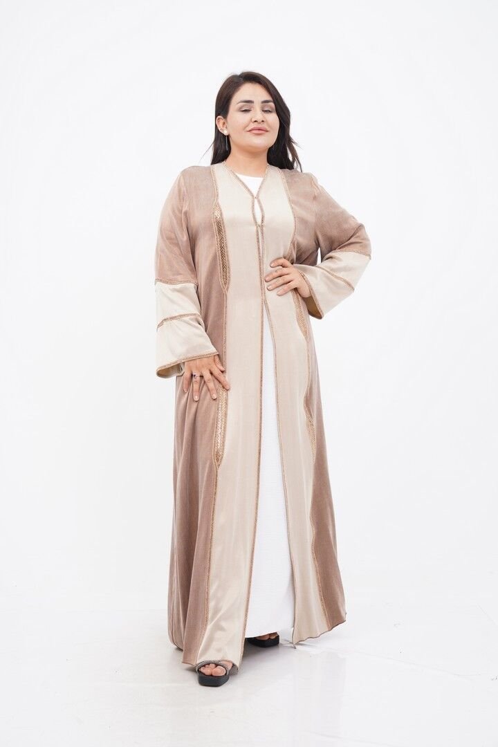 Renk Bloklu Şerit Taş Detaylı Abaya Kahve - 40-48