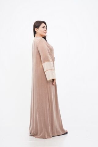 Renk Bloklu Şerit Taş Detaylı Abaya Kahve - 40-48