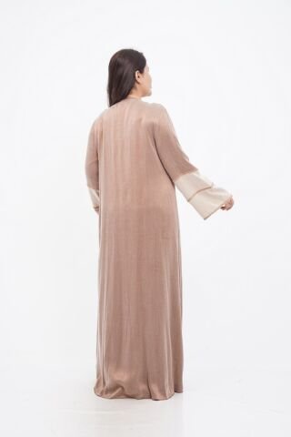 Renk Bloklu Şerit Taş Detaylı Abaya Kahve - 40-48