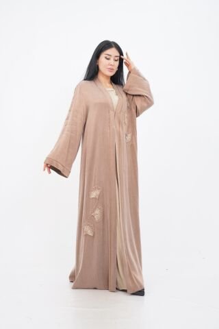 El Yapımı Nakış Boncuklu Tensel Abaya Takım Bej - 40-48
