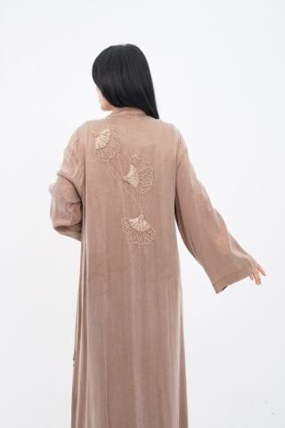 El Yapımı Nakış Boncuklu Tensel Abaya Takım Bej - 40-48