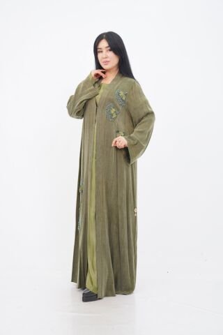 El Yapımı Nakış Boncuklu Tensel Abaya Takım Haki - 40-48