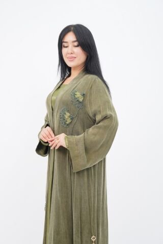 El Yapımı Nakış Boncuklu Tensel Abaya Takım Haki - 40-48