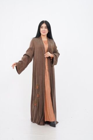 El Yapımı Nakış Boncuklu Tensel Abaya Takım Kahve - 40-48