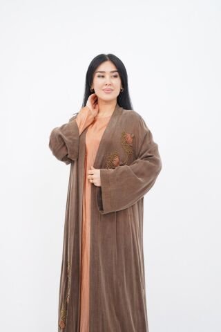 El Yapımı Nakış Boncuklu Tensel Abaya Takım Kahve - 40-48