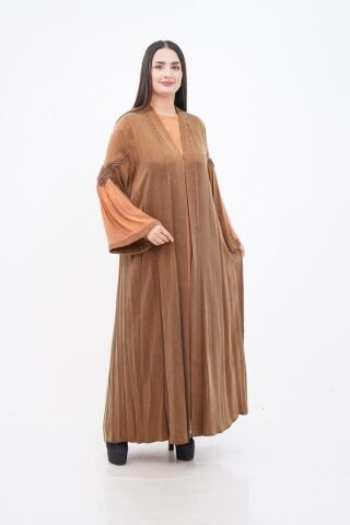 Boncuklu Dantel Aplike Detaylı Abaya Takım Kahve - 40-48