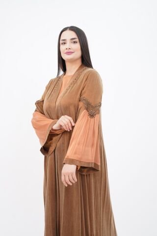 Boncuklu Dantel Aplike Detaylı Abaya Takım Kahve - 40-48