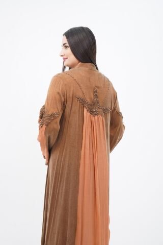 Boncuklu Dantel Aplike Detaylı Abaya Takım Kahve - 40-48