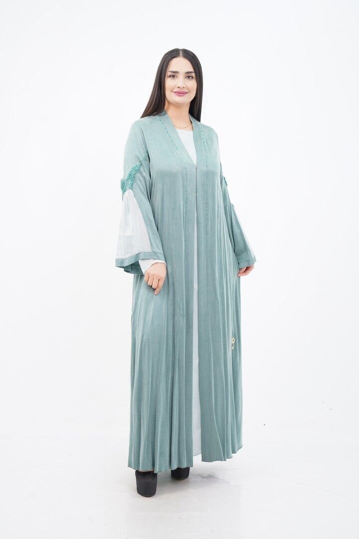 Boncuklu Dantel Aplike Detaylı Abaya Takım Mint - 40-48